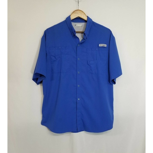 Columbia PFG Cobalt Blue Vented Button Up Short Sleeve Shirt Size Large - Picture 1 of 9